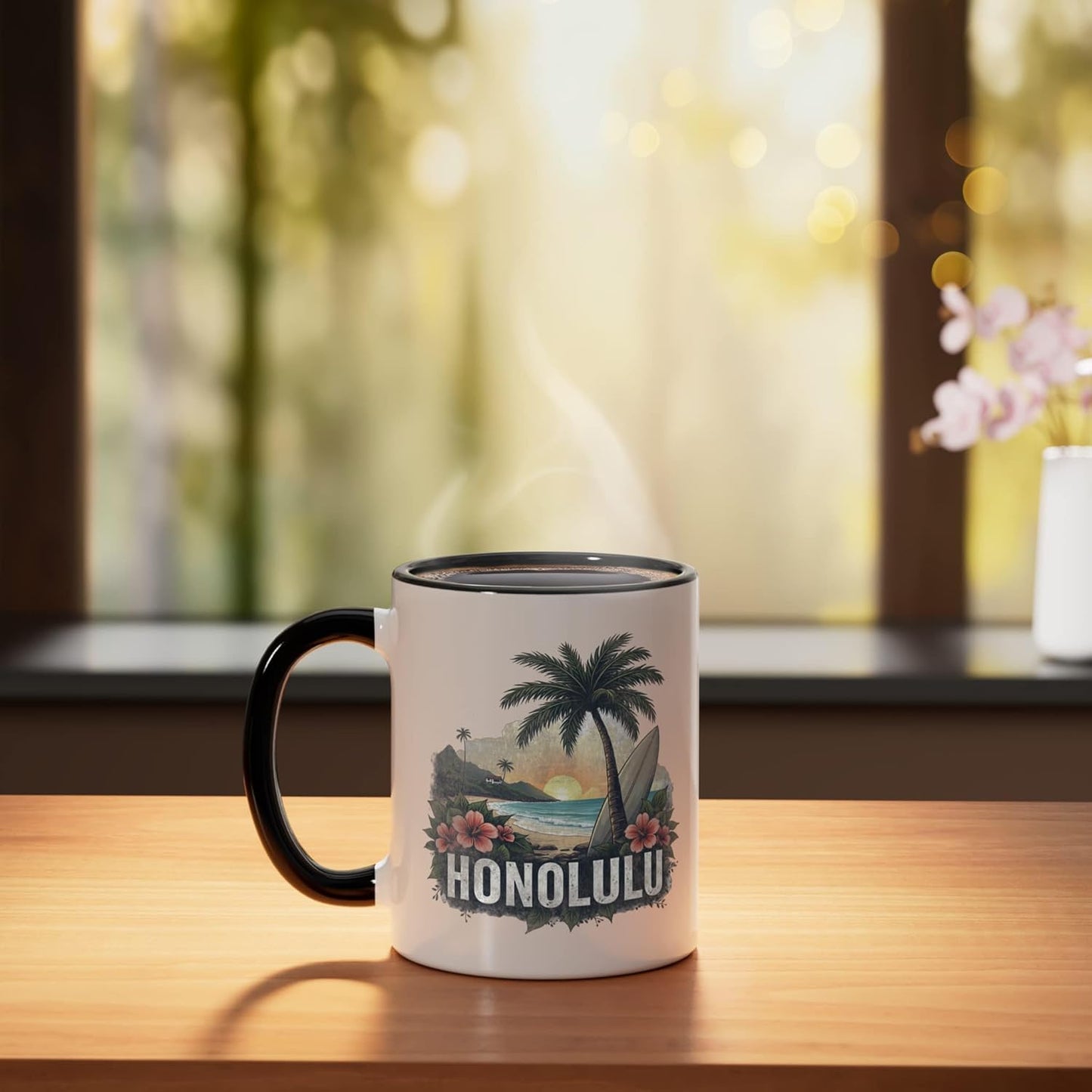 Taza cerámica retro de Honolulu, negro/blanco