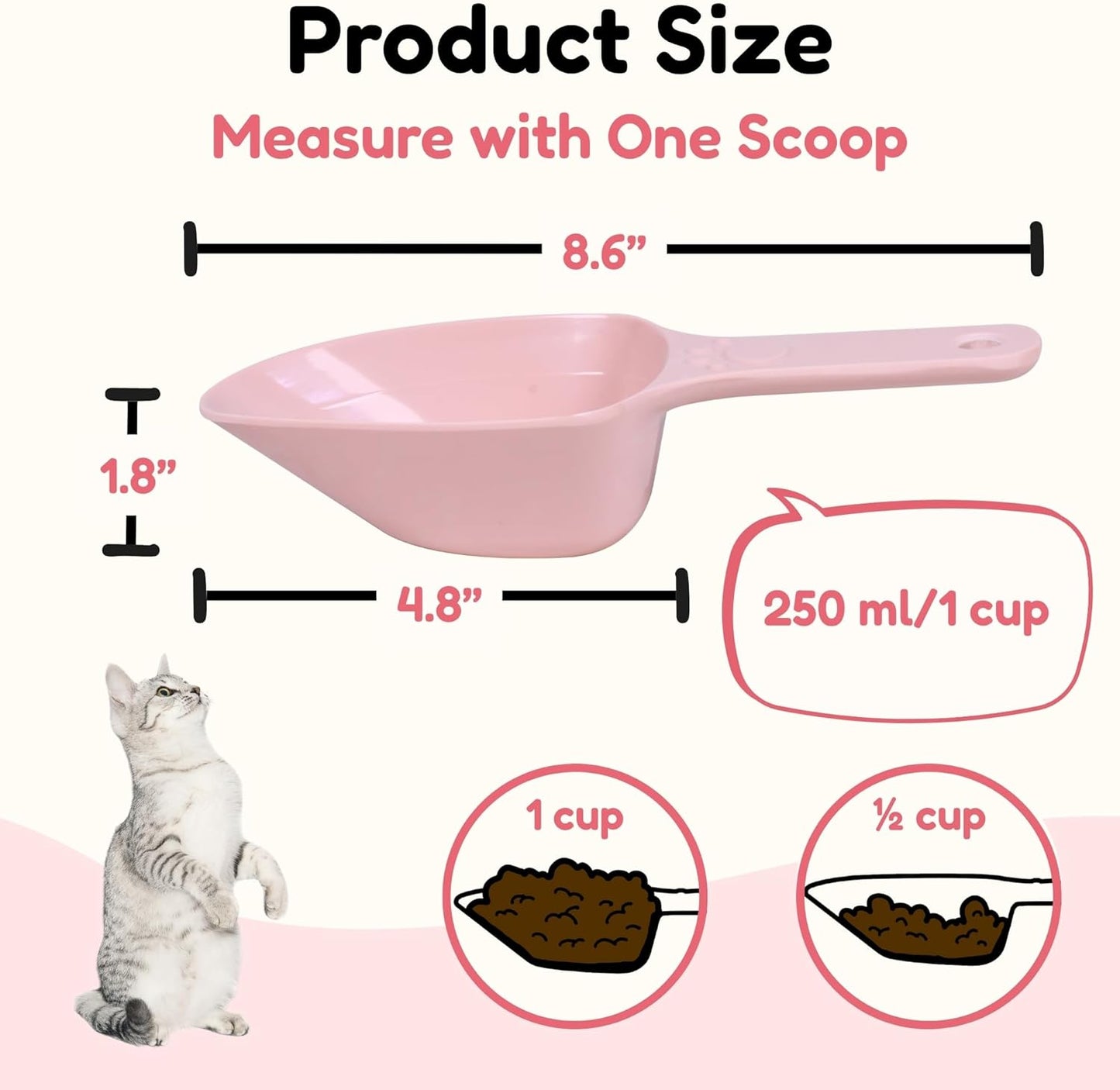 Cuchara medidora de comida para perros con marcas de 1/2 y 1/4 de taza