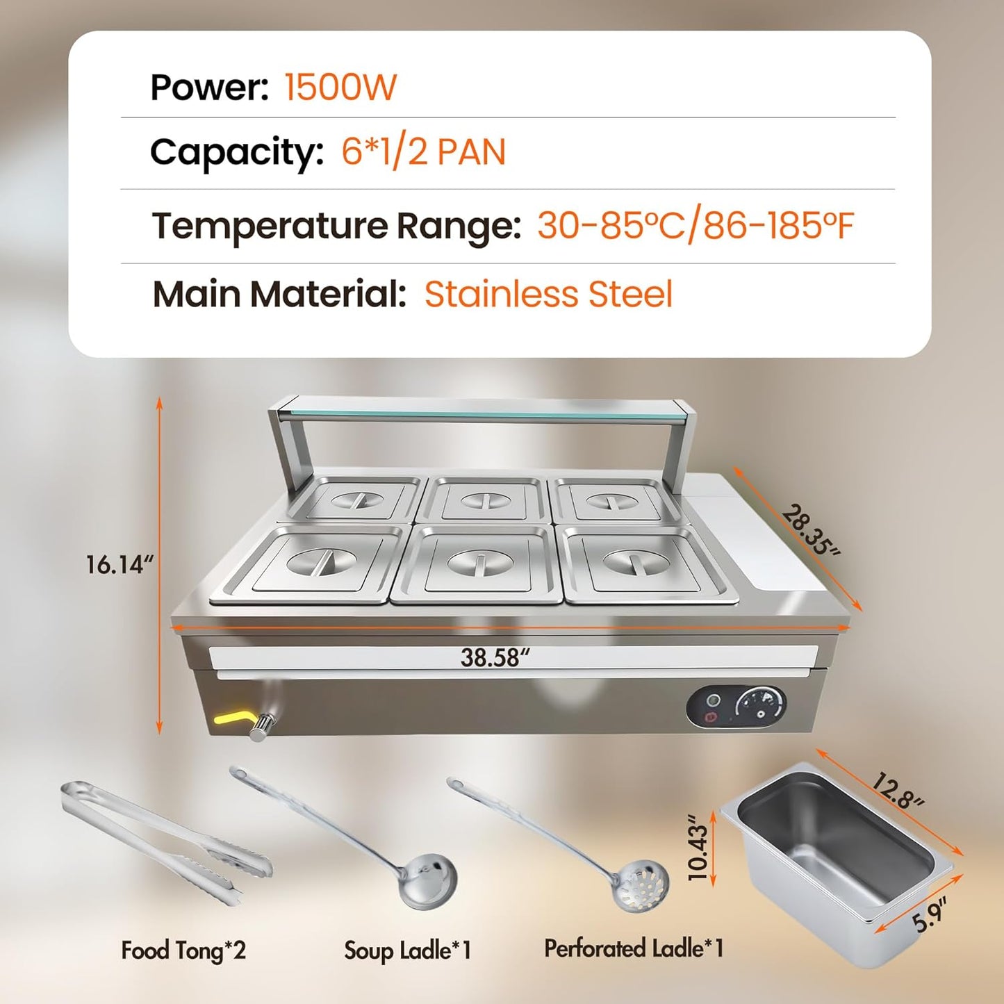 Calentador buffet 6 bandejas acero inox vidrio templado