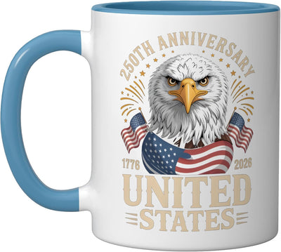 Taza cerámica patriótica USA 250 aniversario 4 de julio azul/blanco