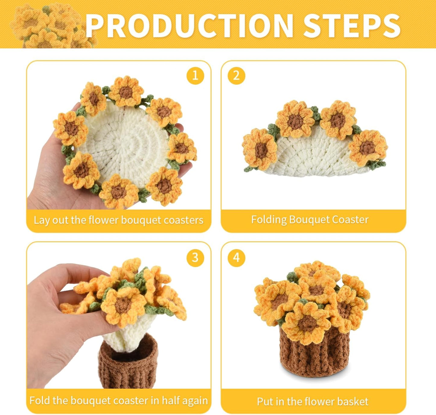 Girasol tejido a ganchillo en maceta de algodón con soporte para mesa de café