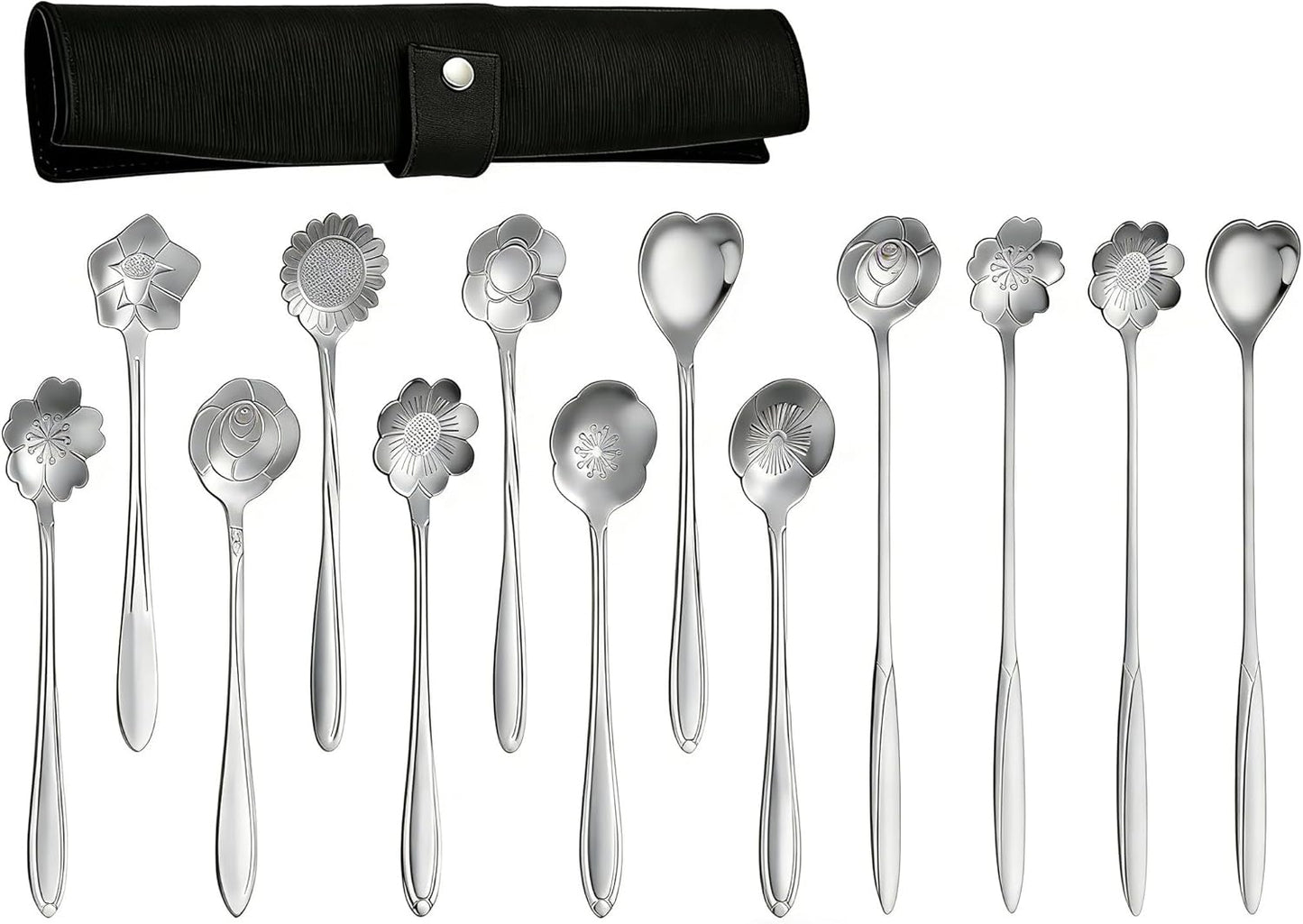 Juego de 12 cucharas de té con flores de acero inoxidable para postres
