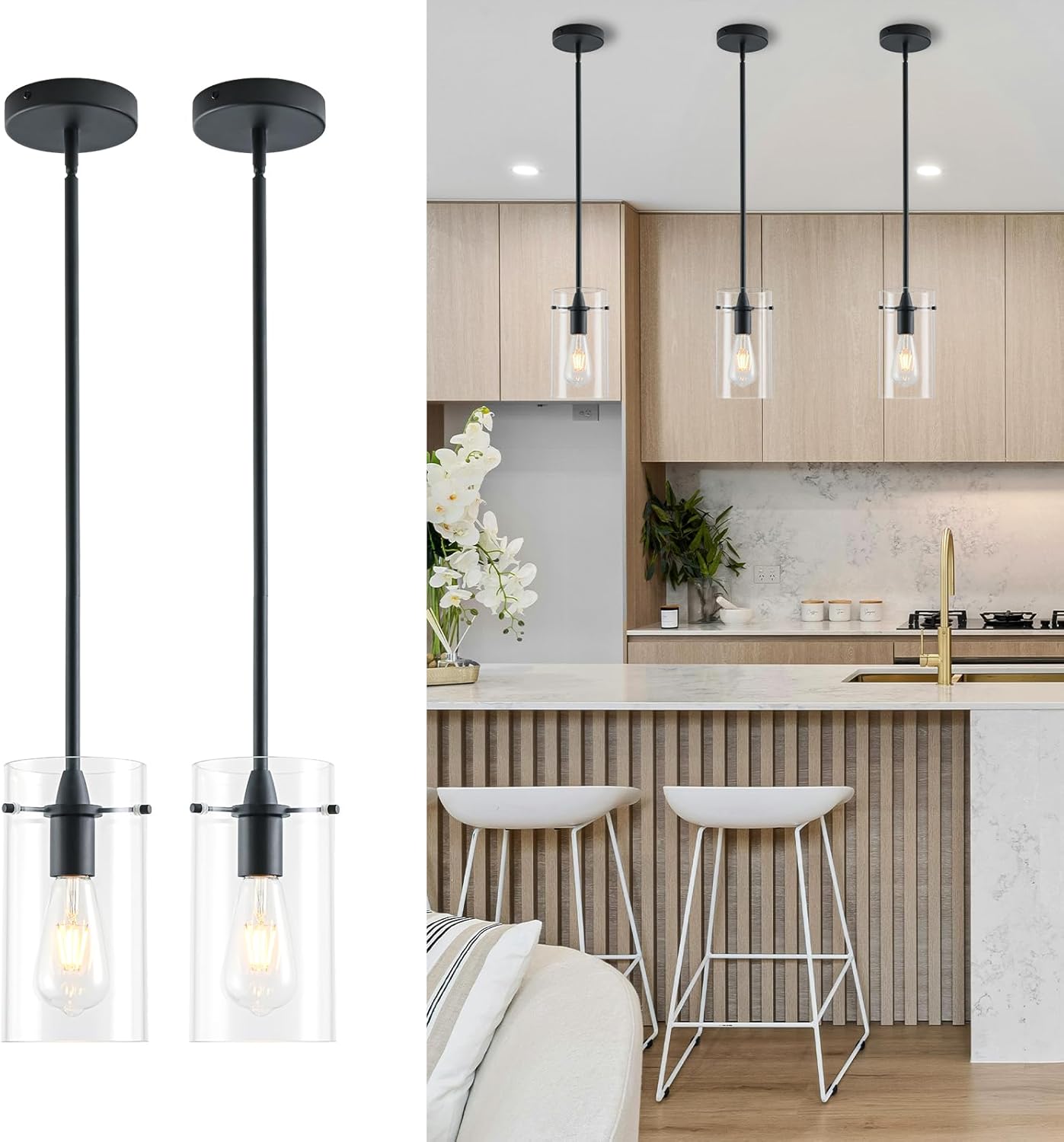 2 Luces Colgantes Isla Cocina Cristal Negro Mate