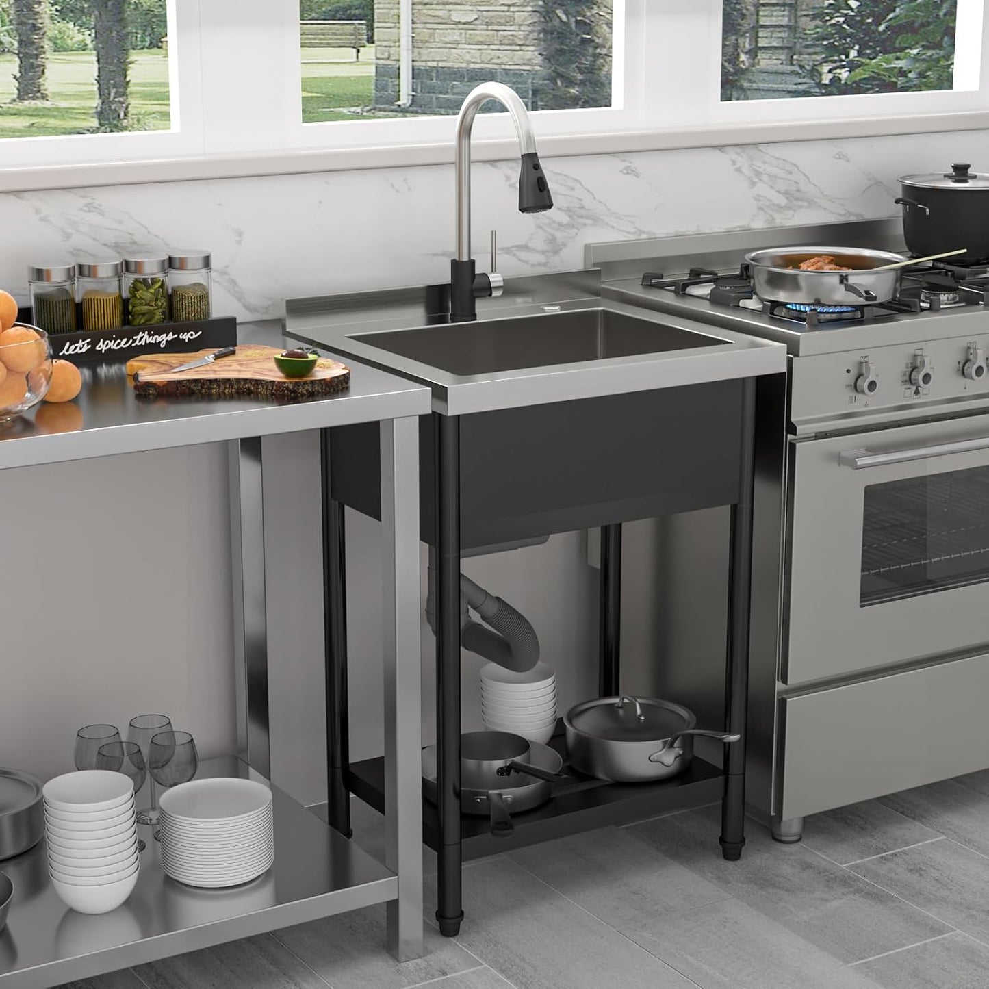 Fregadero acero inox para cocina y garaje con grifo