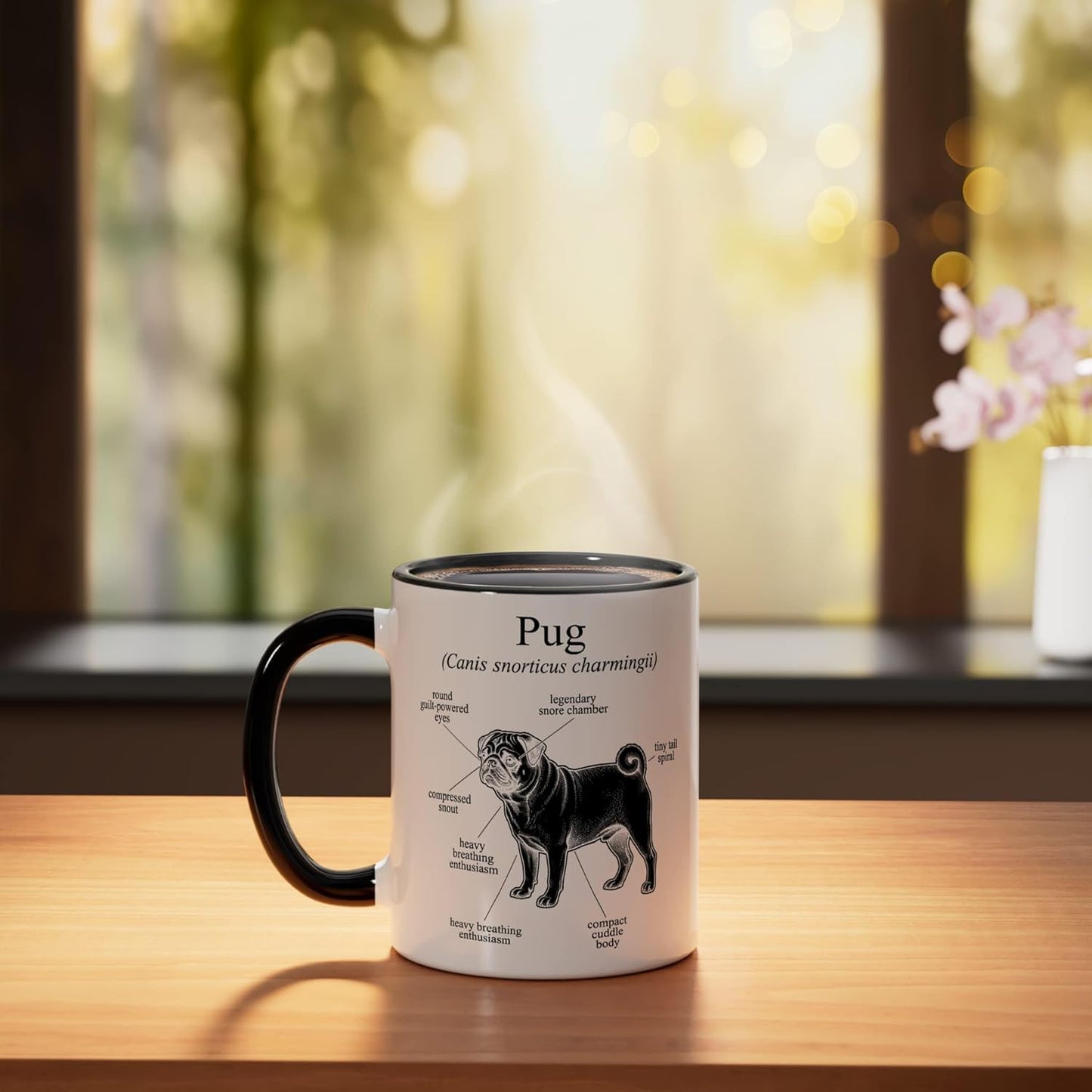 Taza de cerámica con diagrama divertido de un pug