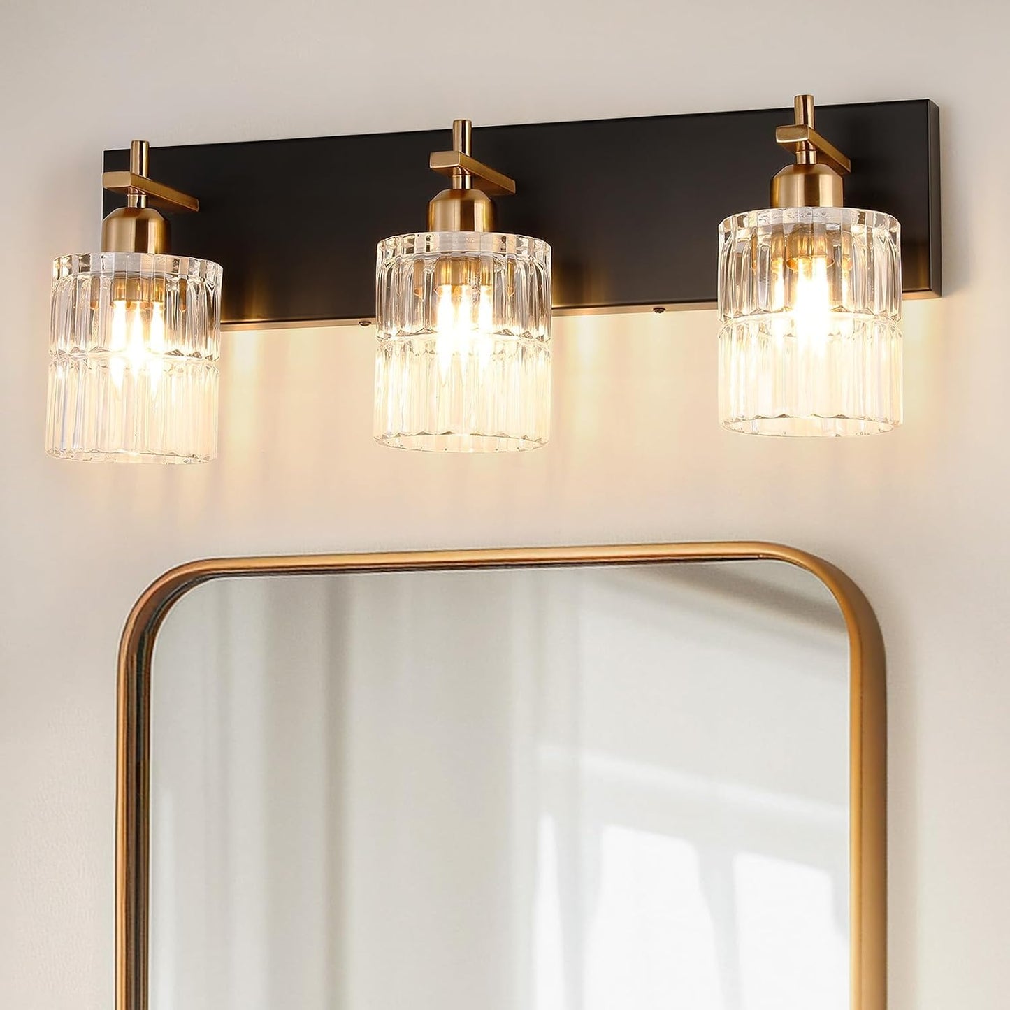 Lámpara tocador 3 luces negras y doradas con apliques E26 vidrio