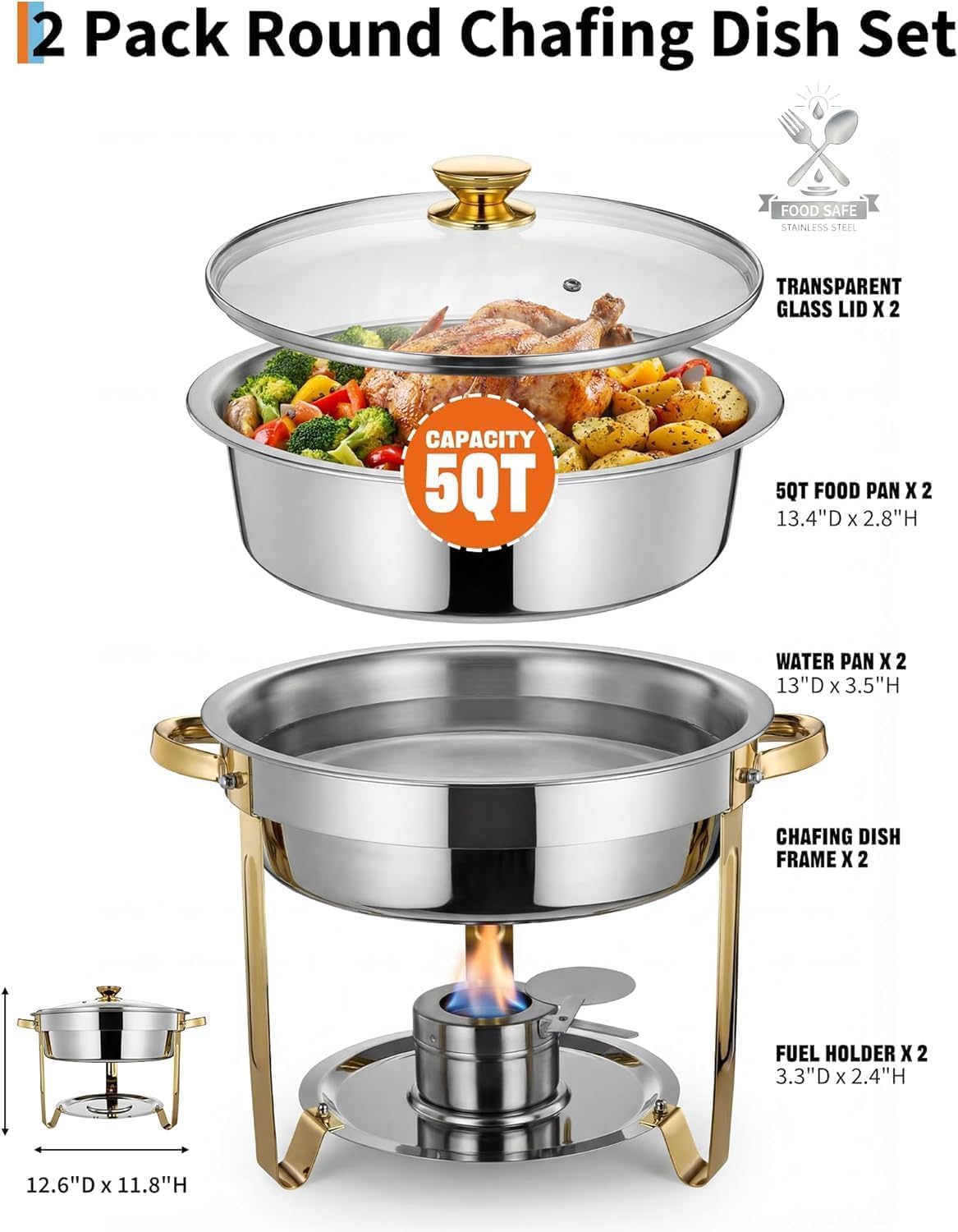 Set 4 Pzas Chafer Acero Inox con Tapa Vidrio Dorado