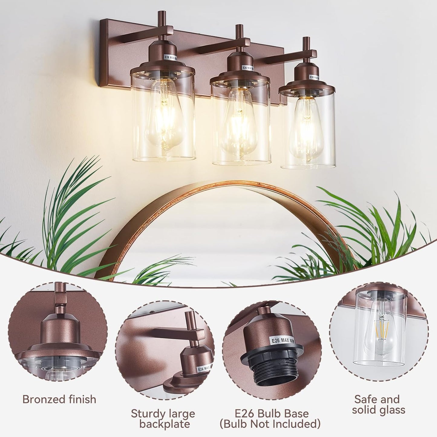 Lámpara baño 3 luces bronce pantalla vidrio transparente