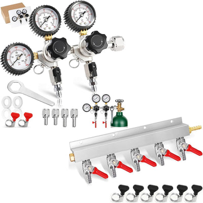 Regulador doble CO2 para kegerator con llave y manifold de 5 vías