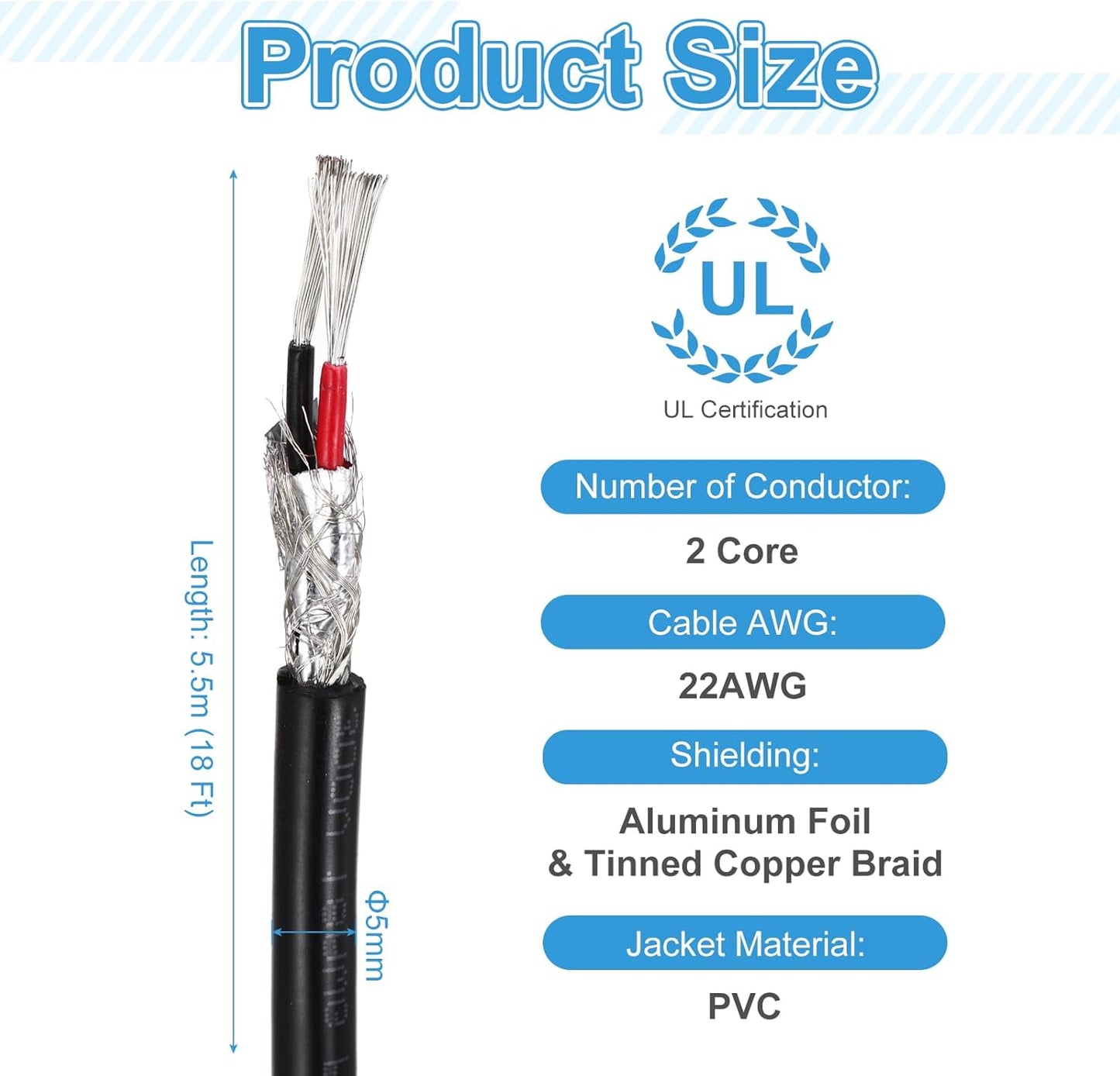 Cable blindado 22AWG 18pies 300V PVC 2 conductores