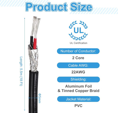 Cable blindado 22AWG 18pies 300V PVC 2 conductores