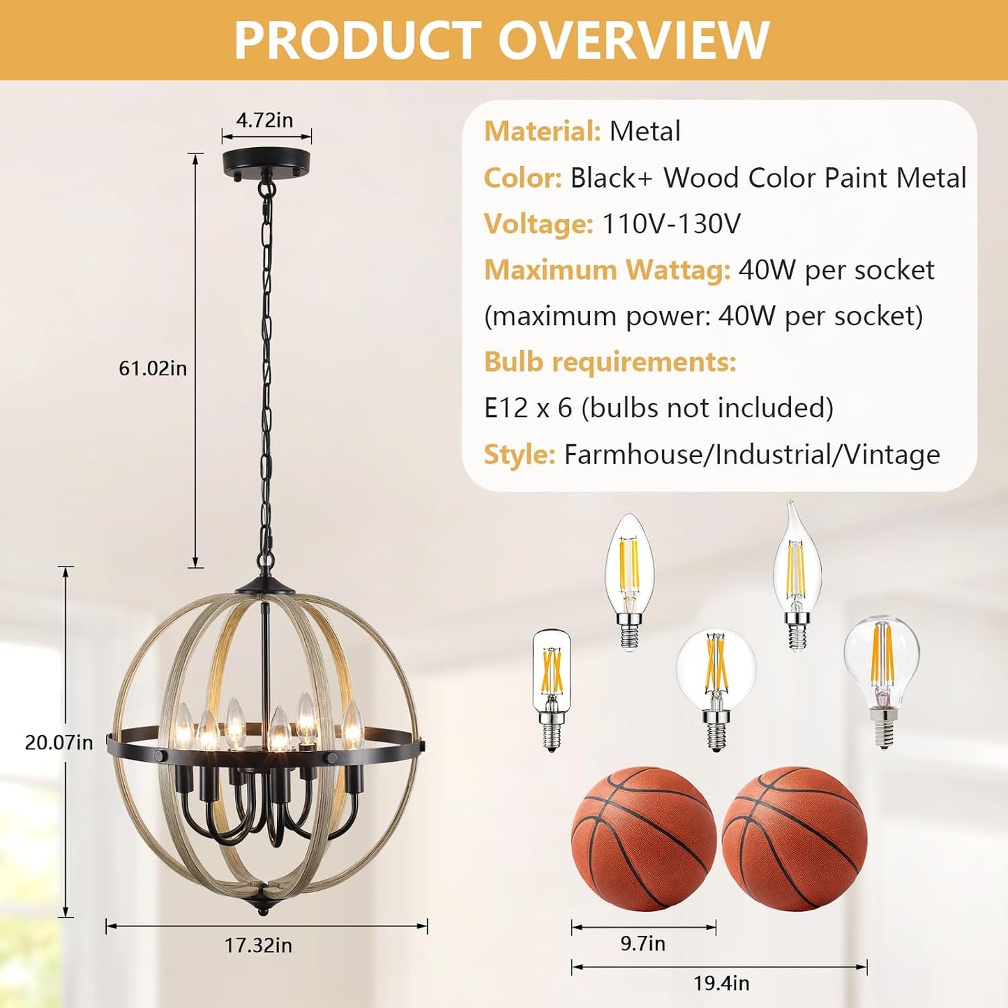 Candelabro madera sintética 6 luces colgante cocina