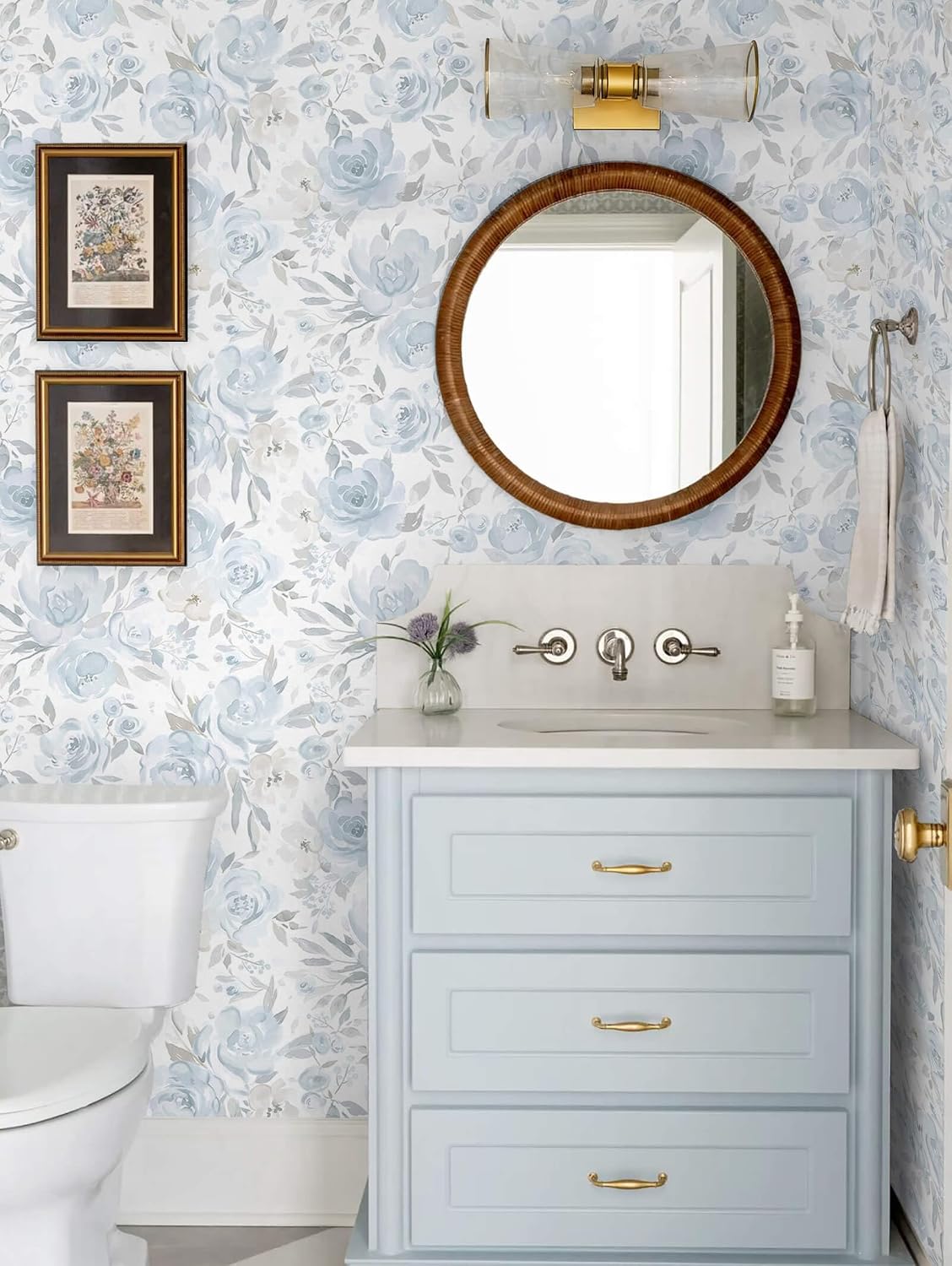 Papel tapiz floral azul autoadhesivo extraíble 17.3x196pulg