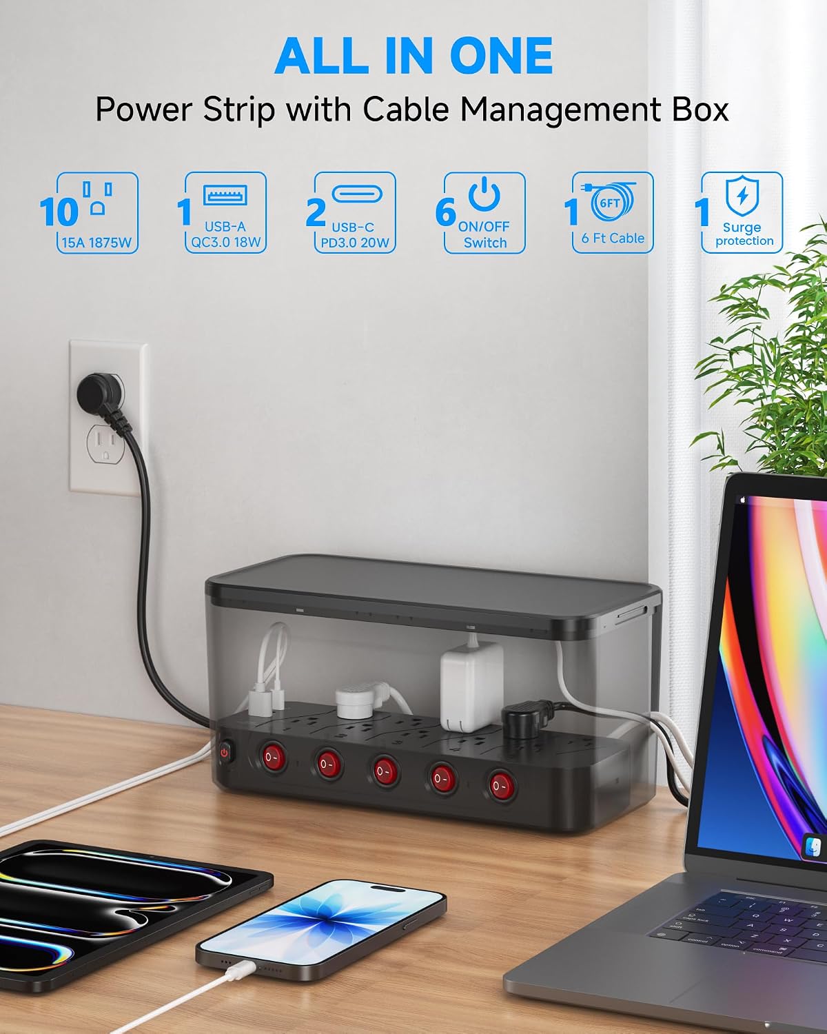 Regleta alimentación 10 puertos CA 3 USB 6ft