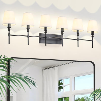Lámpara baño 6 luces negra 50pulg pantalla tela blanca