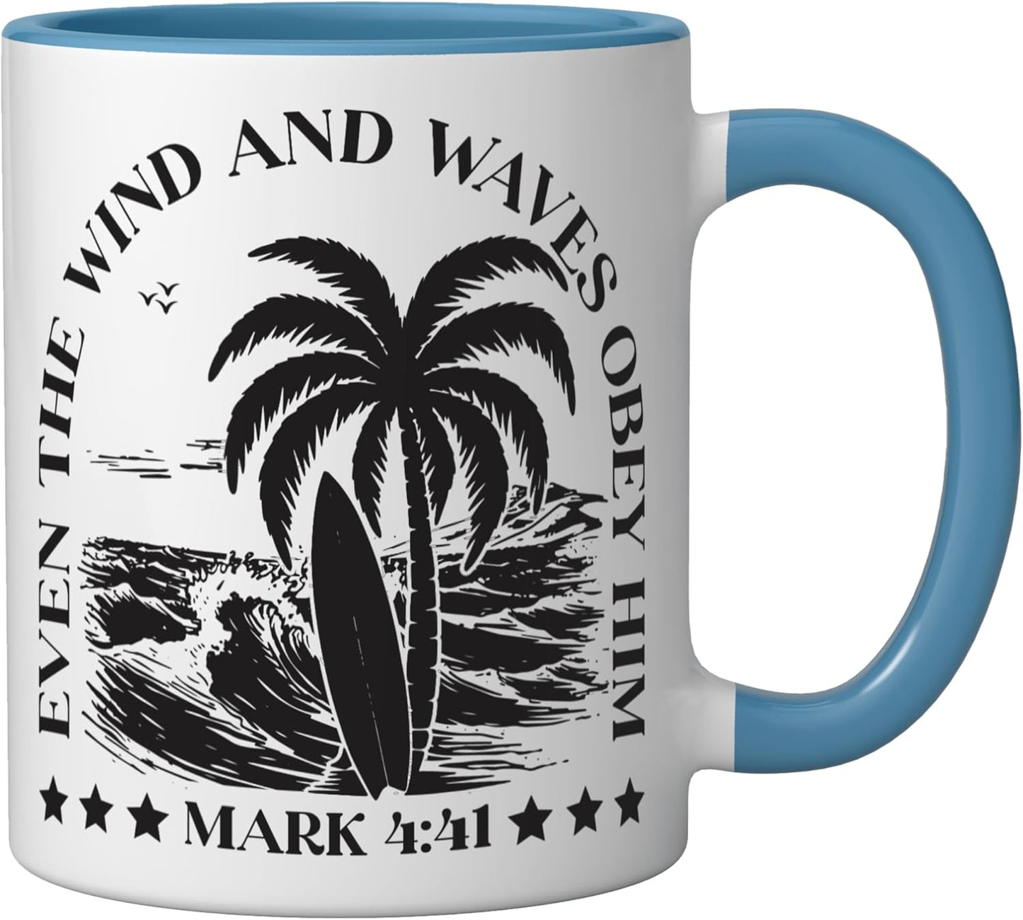 Taza cerámica cristiana Even the Wind azul/blanco