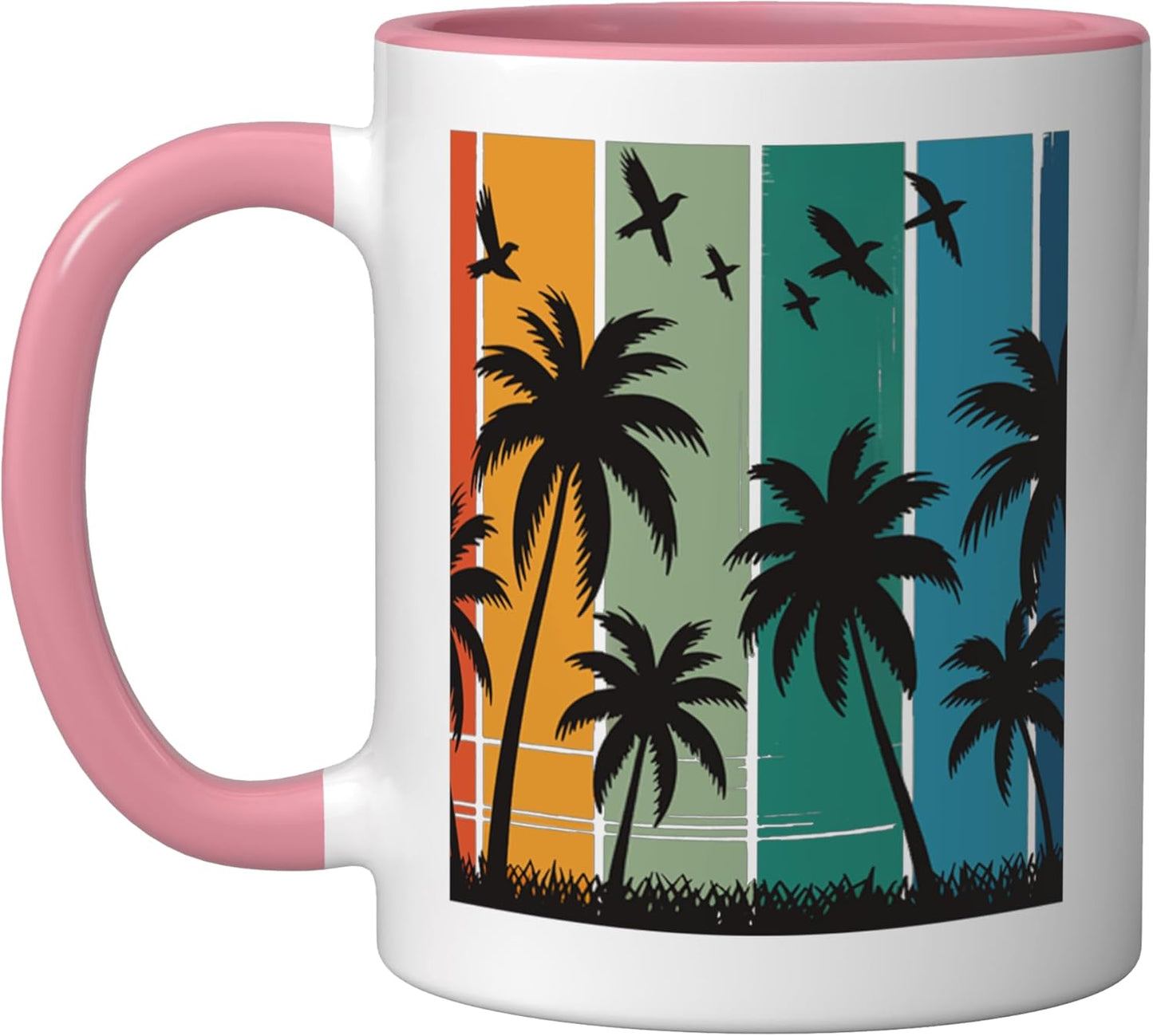 Taza cerámica retro de palma con atardecer rosa/blanco