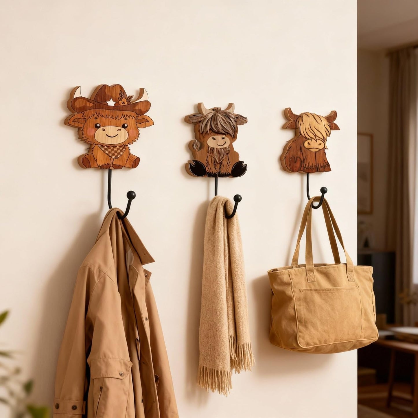 3 Ganchos Decorativos Pared Madera 8.4pulg Soporte Toallas Abrigos
