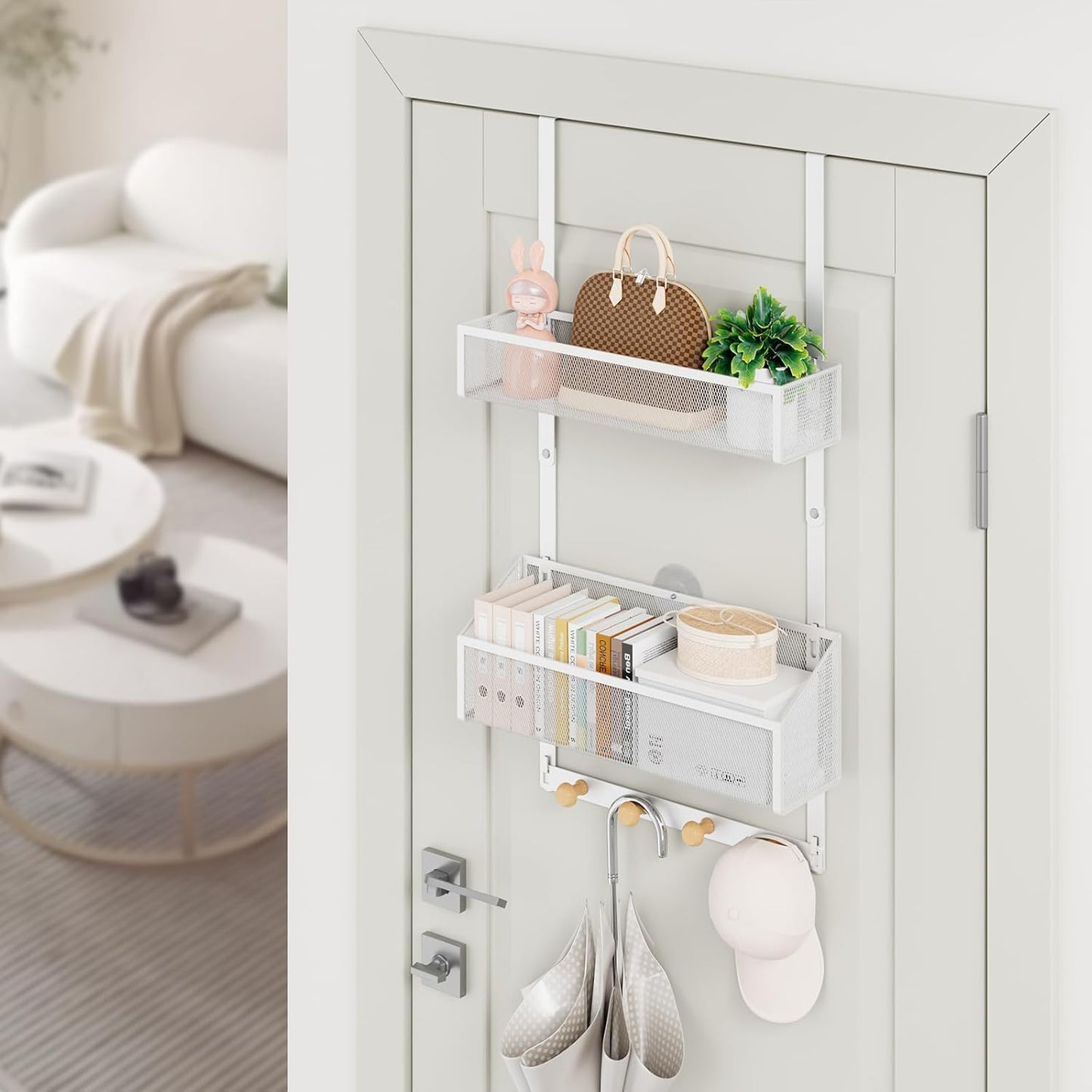 Ganchos puerta con cestas organizador baño
