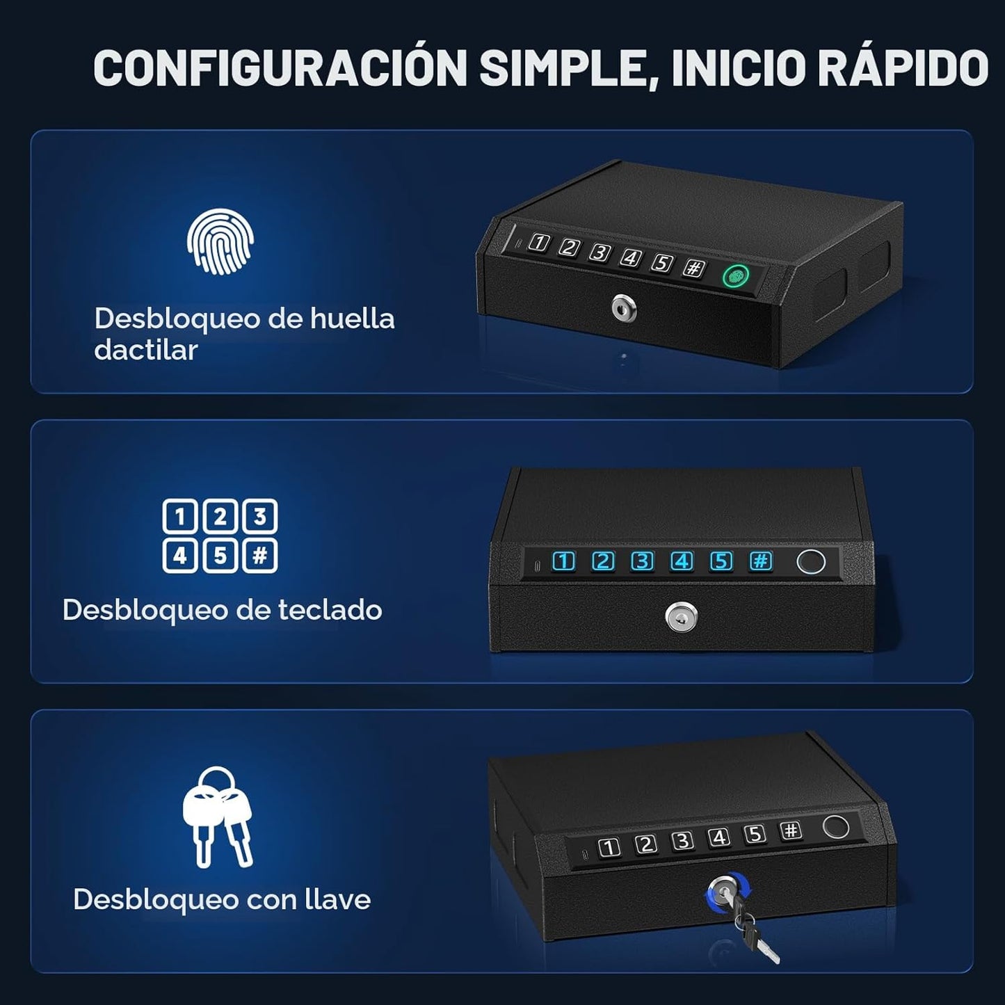 Caja fuerte biométrica con huella, PIN y llave para auto
