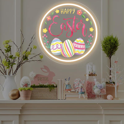 Letrero neón feliz Pascua huevo blanco 13x13pulg luz LED sala