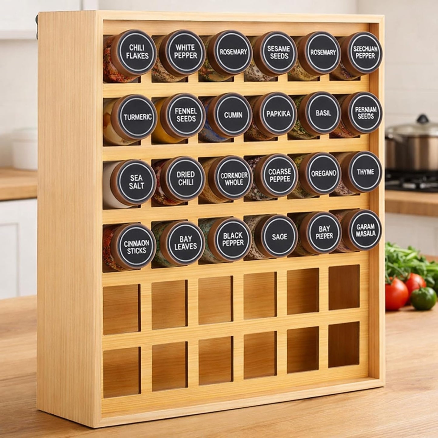 Organiz. especias bambú 36 rejillas soporte pared madera