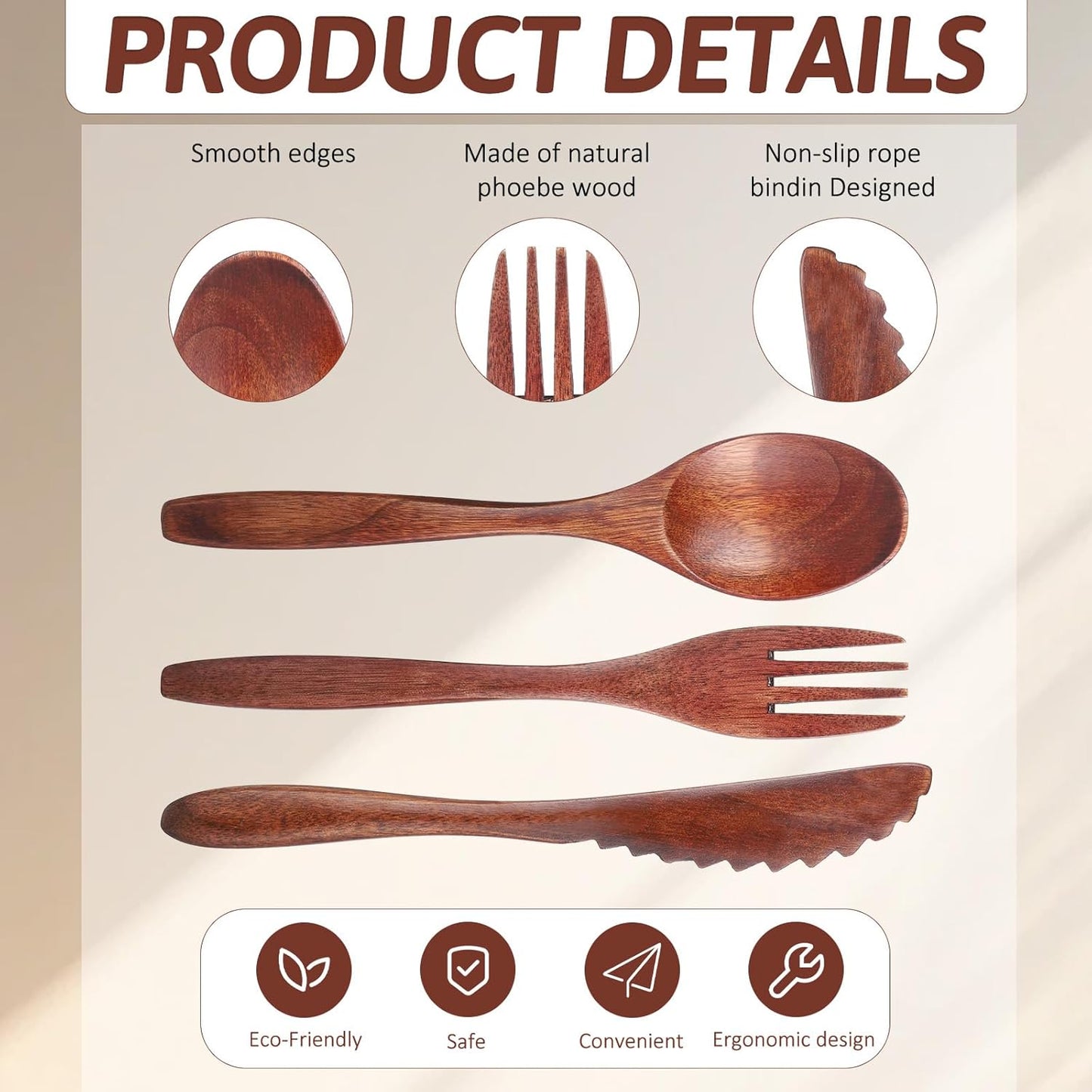 6 Utensilios Madera para Comer Reutilizables