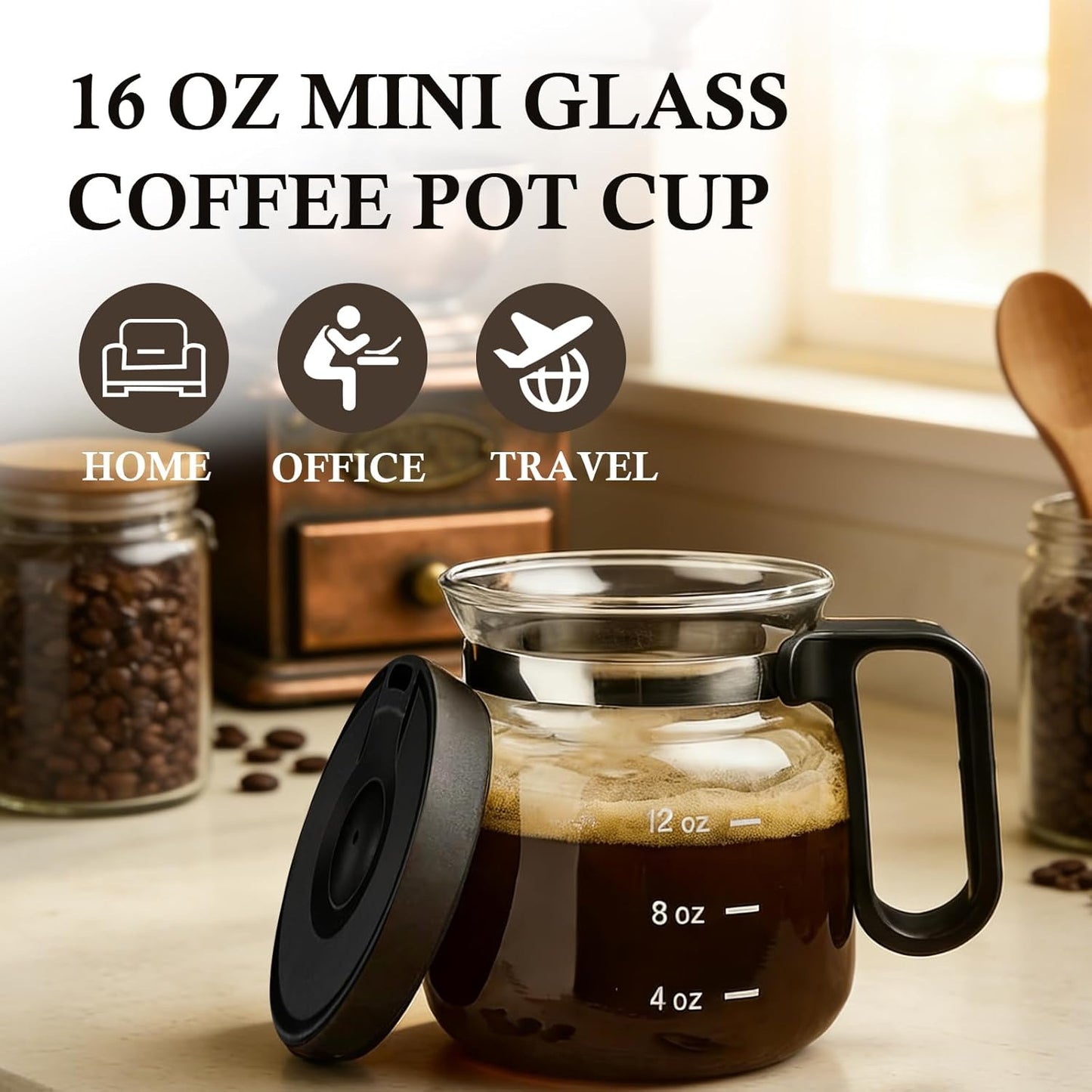 Taza de café de vidrio 16 oz con tapa a prueba de derrames