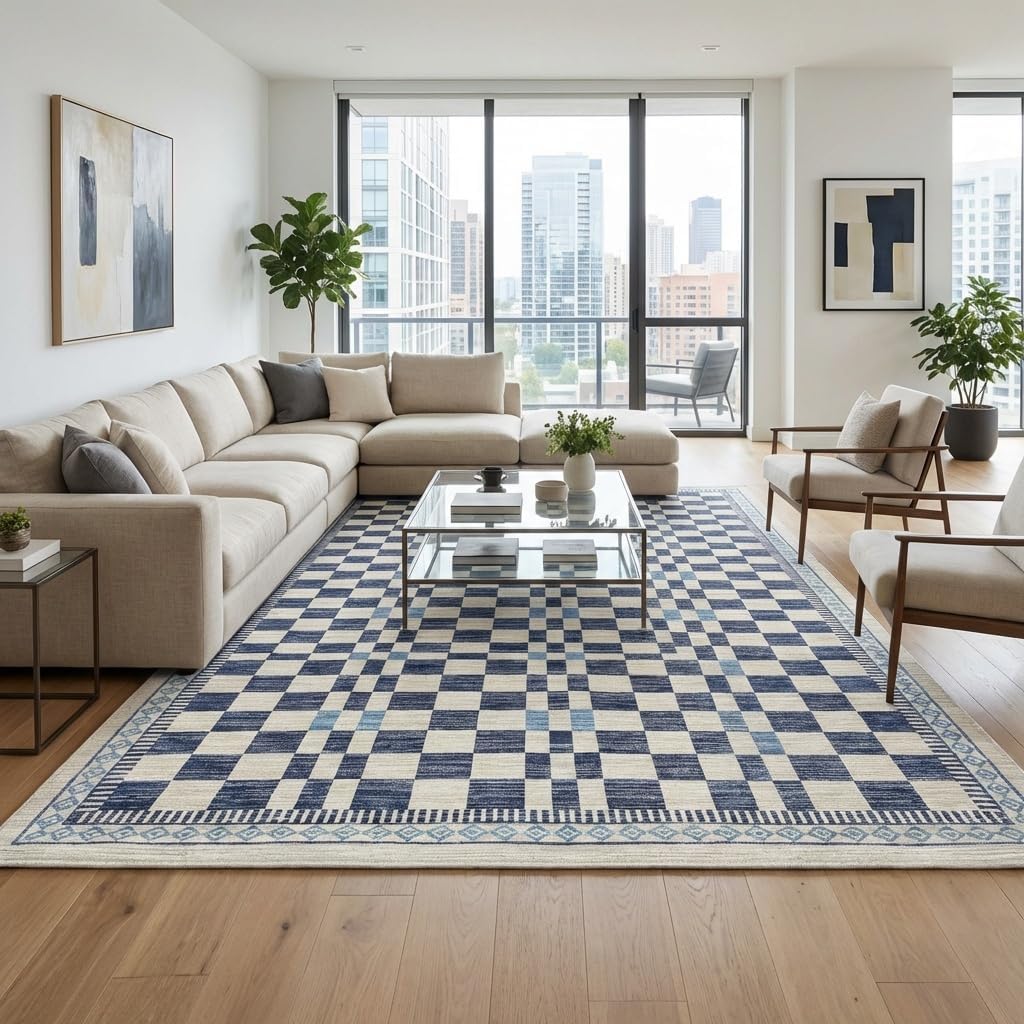 Alfombra 6x9 pulg moderna azul cuadros para dormitorio y sala