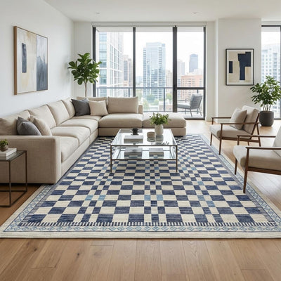 Alfombra 6x9 pulg moderna azul cuadros para dormitorio y sala