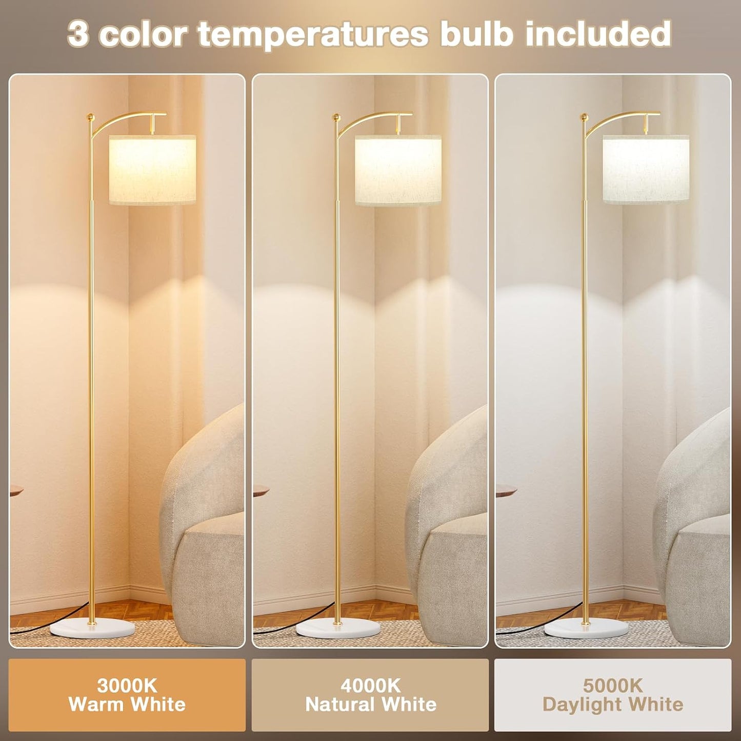 Lámpara pie 60pulg dorada base mármol blanco 3 temperaturas LED 9W
