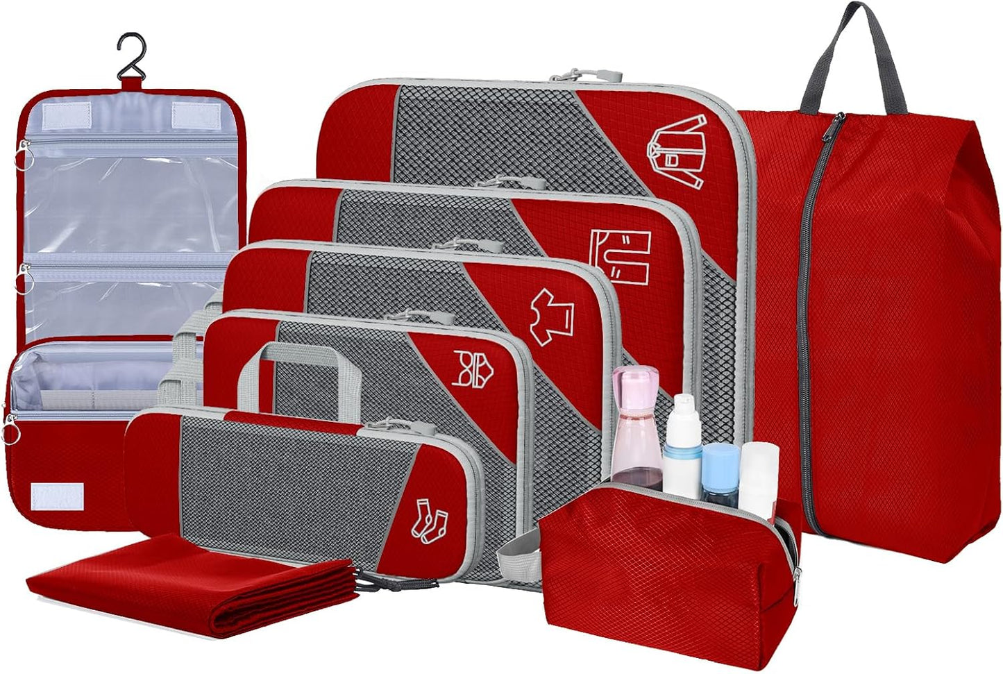 Set 9 Cubos Embalaje con Bolsa Colgante Tela Malla Rojo