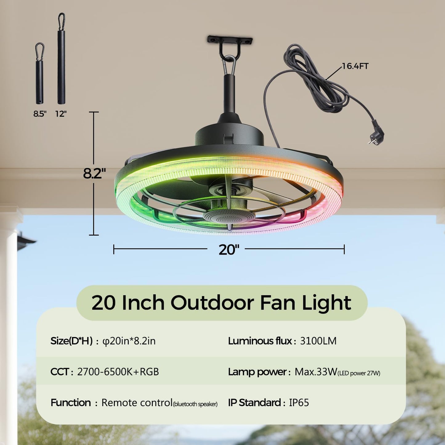 Ventilador techo exterior 20pulg luz 6 velocidades reversible