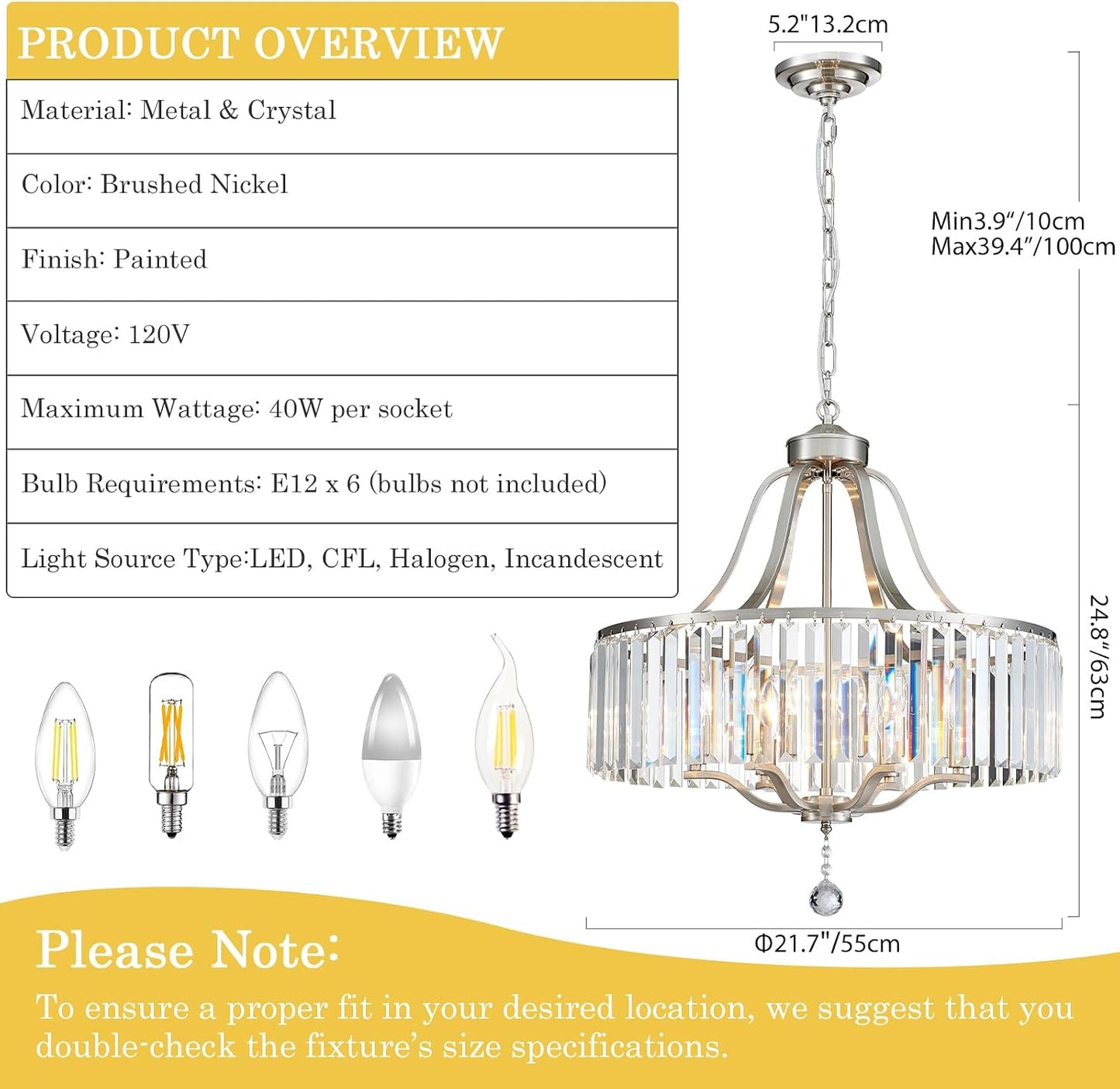 Candelabro níquel cepillado 21.7pulg lámpara 6 luces