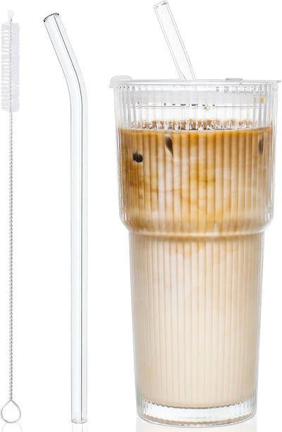 Vaso de vidrio con tapa y popote para café helado, cóctel, agua y refrescos