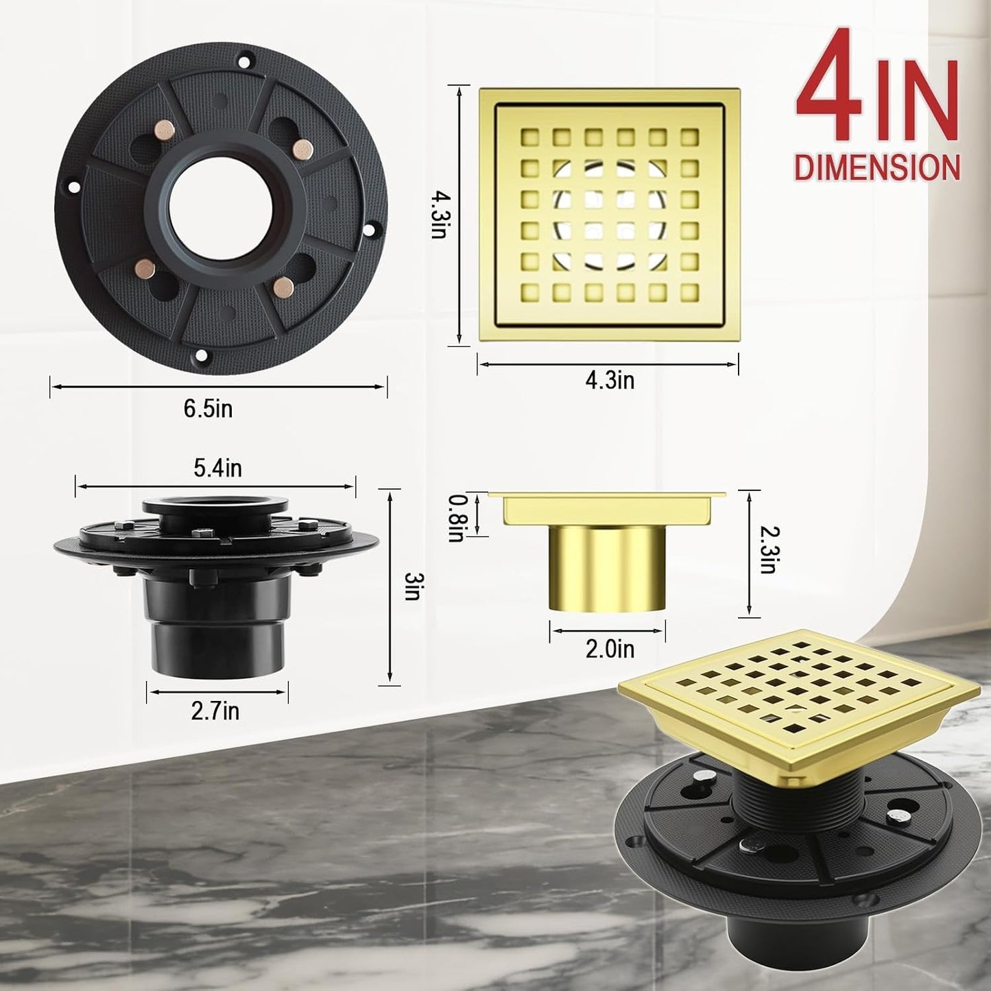 Drenaje cuadrado 4" acero inox cepillado oro