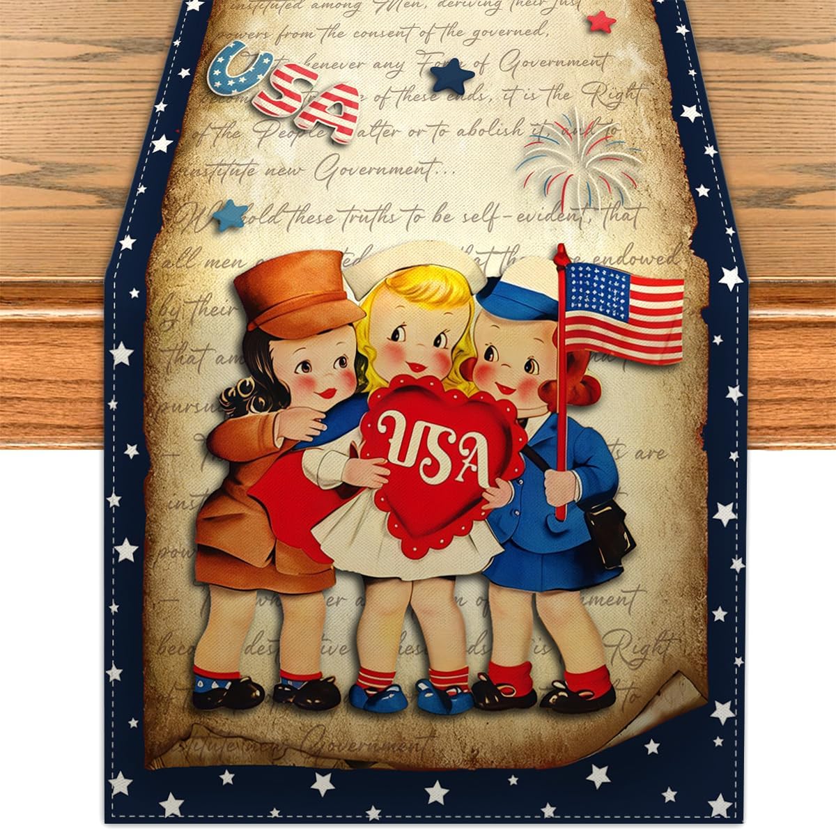 Camino de mesa retro para el Día de los Caídos 4 de julio centro de mesa decoración rojo blanco azul banderas estadounidenses