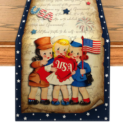 Camino de mesa retro para el Día de los Caídos 4 de julio centro de mesa decoración rojo blanco azul banderas estadounidenses
