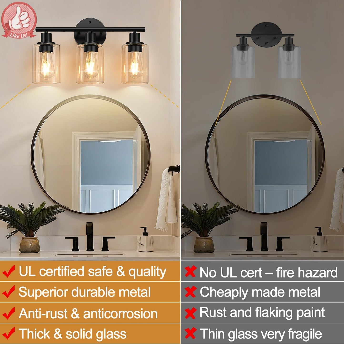 Lámpara baño 3 luces negras vidrio ámbar para espejo cocina sala