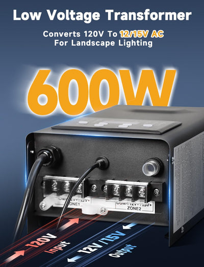 Transformador paisaje 600W 120V a 12/15V con temporizador y sensor