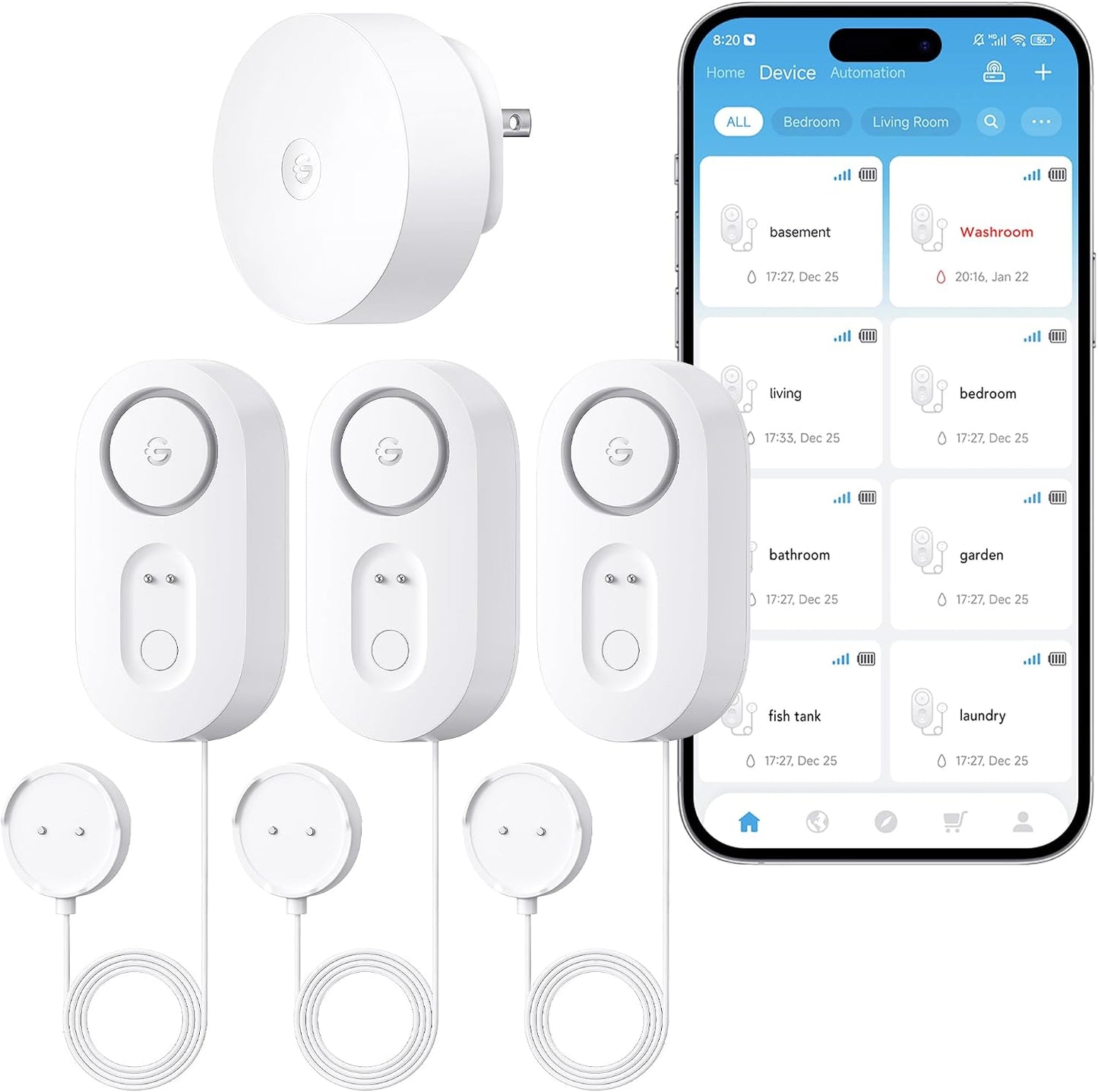 Detector fugas agua WiFi alarma sonido SMS app 1s