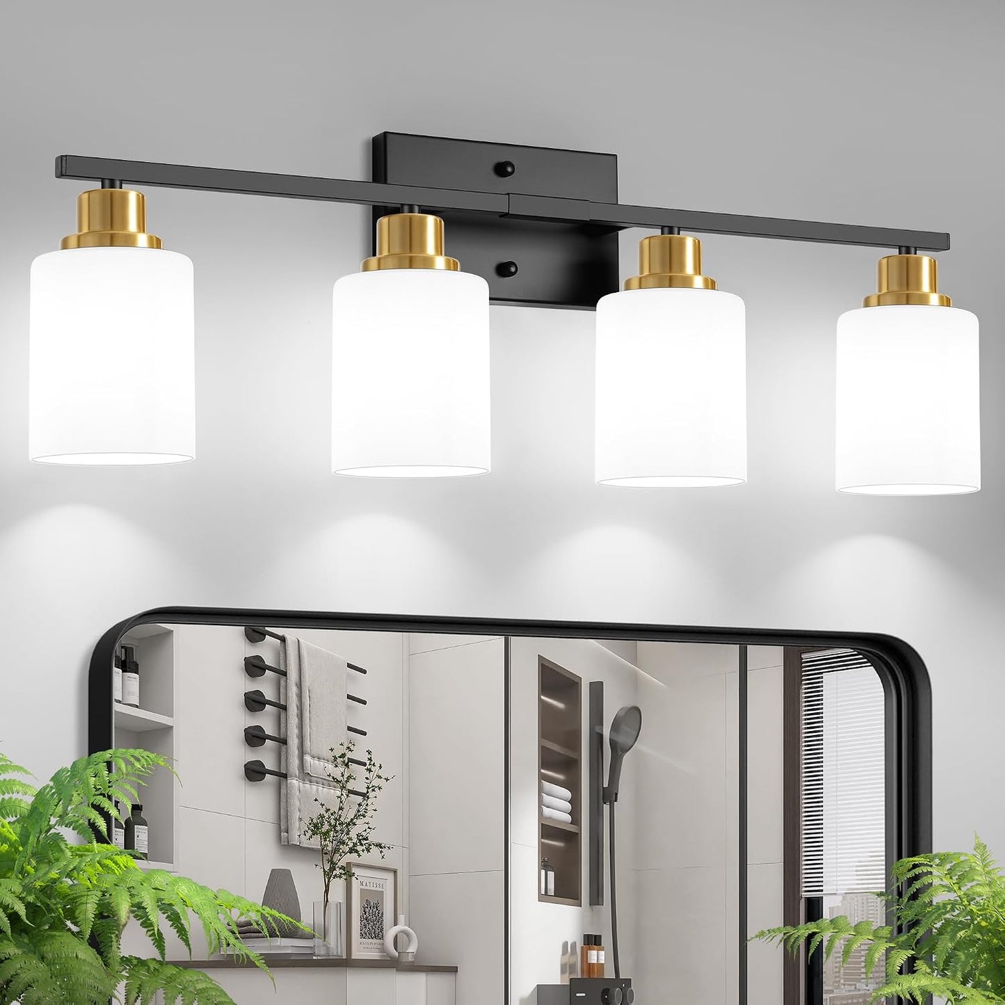 Lámpara baño 4 luces aplique pared negro dorado vidrio