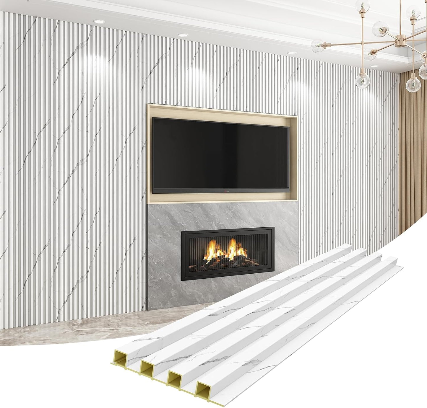 8 Paneles Pared WPC 108x6.1pulg Acústicos 3D Blanco