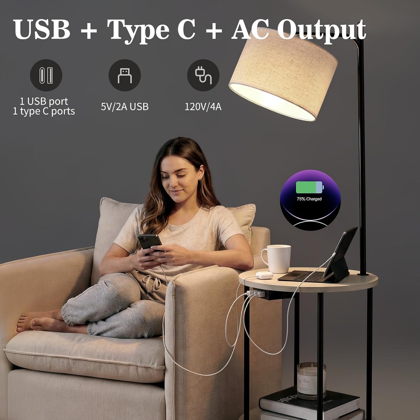 Lámpara pie moderna con mesa carga USB tipo C 3 temperaturas 9W