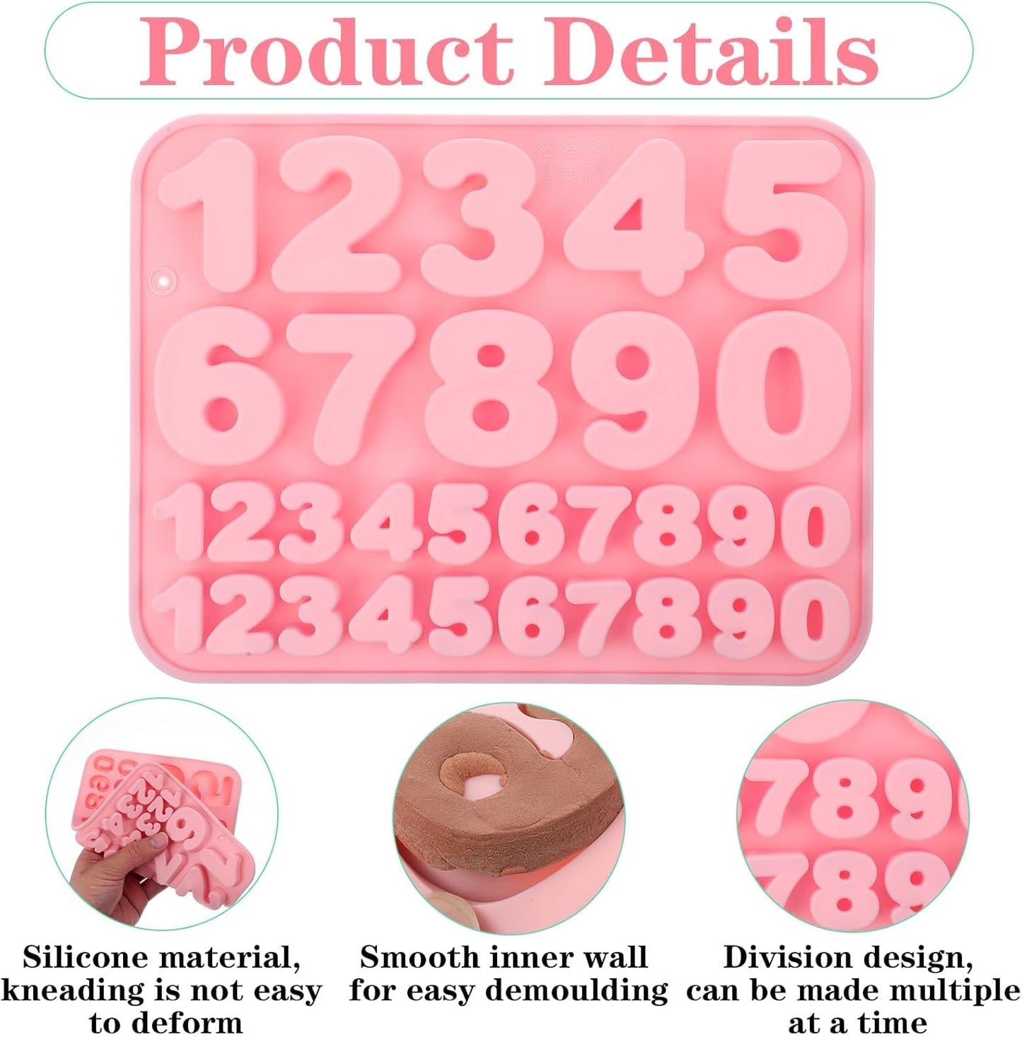 Moldes de silicona para números 0-9, 30 cavidades, grado alimenticio, reutilizable