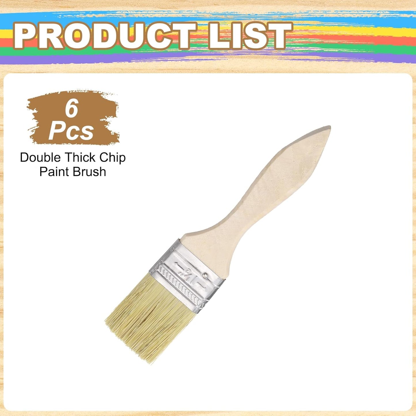 6 Pincel Cerda Plana Mango Madera 1.5pulg Doble Grosor