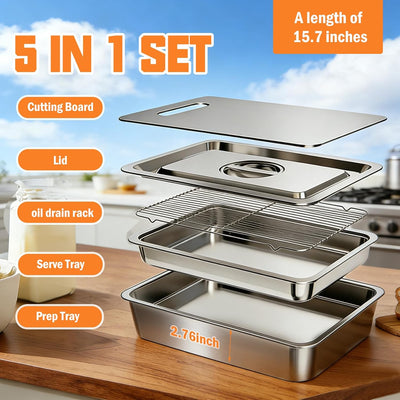 Sistema 5 Pzas Parrilla Acero Inox Bandejas y Contenedor Adobo