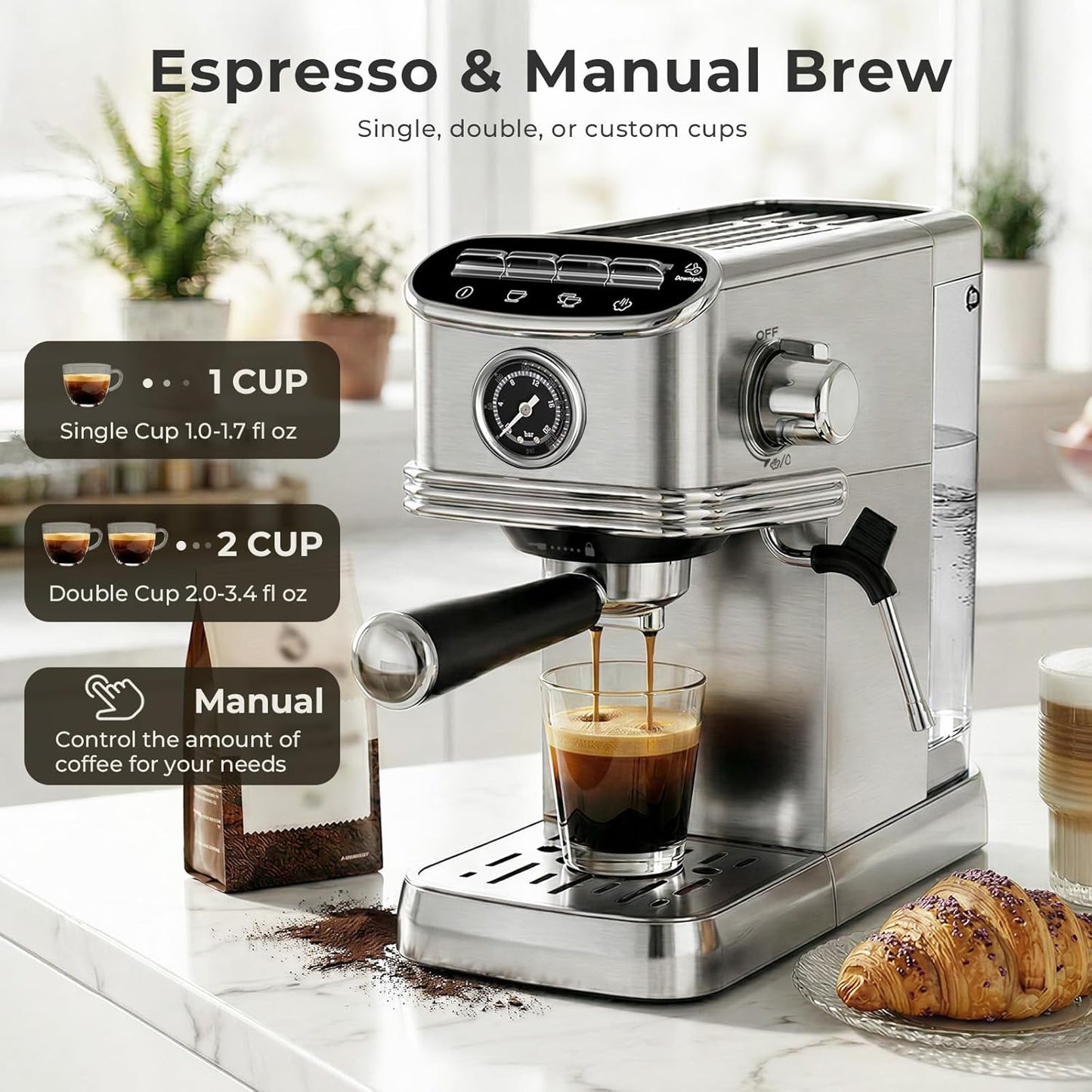 Cafetera Espresso Compacta 20 Bar Acero Inox Capuchino