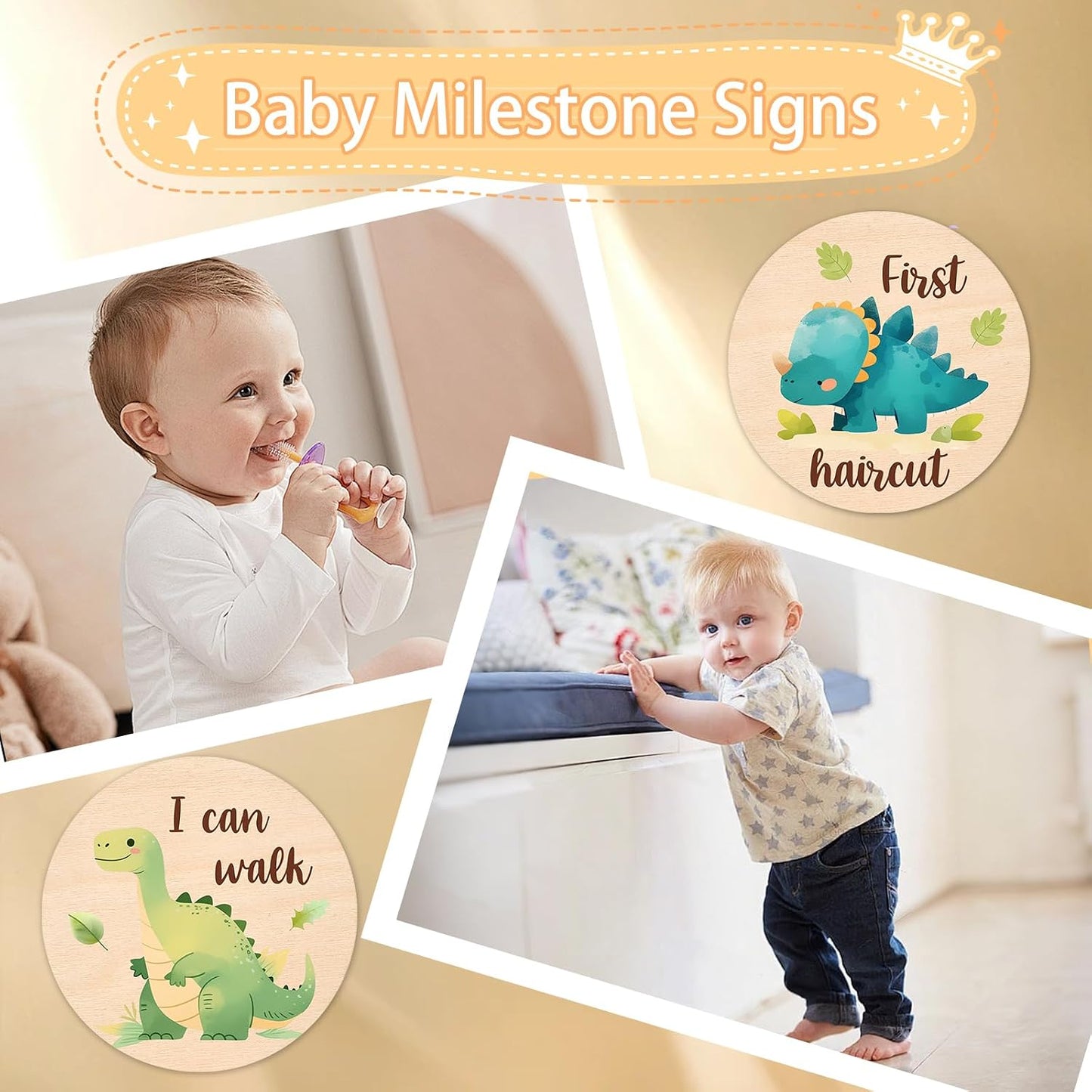 Letrero hitos bebe 13 pzas tarjetas dinosaurio madera
