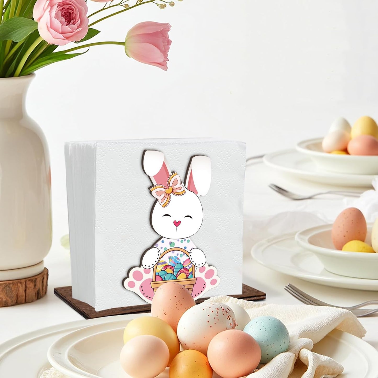Servilletero Pascua conejo huevos papel madera decoración
